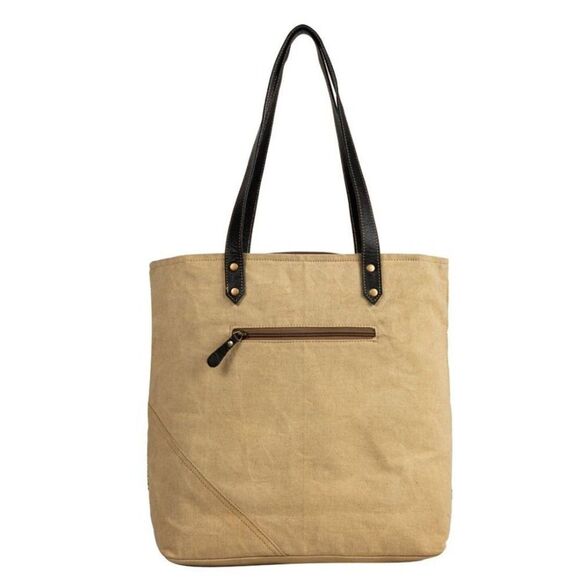 Myra Bag Handmade Sundown Tote Bag Upcycled Canvas & Cowhide Leather - Picture 5 of 9